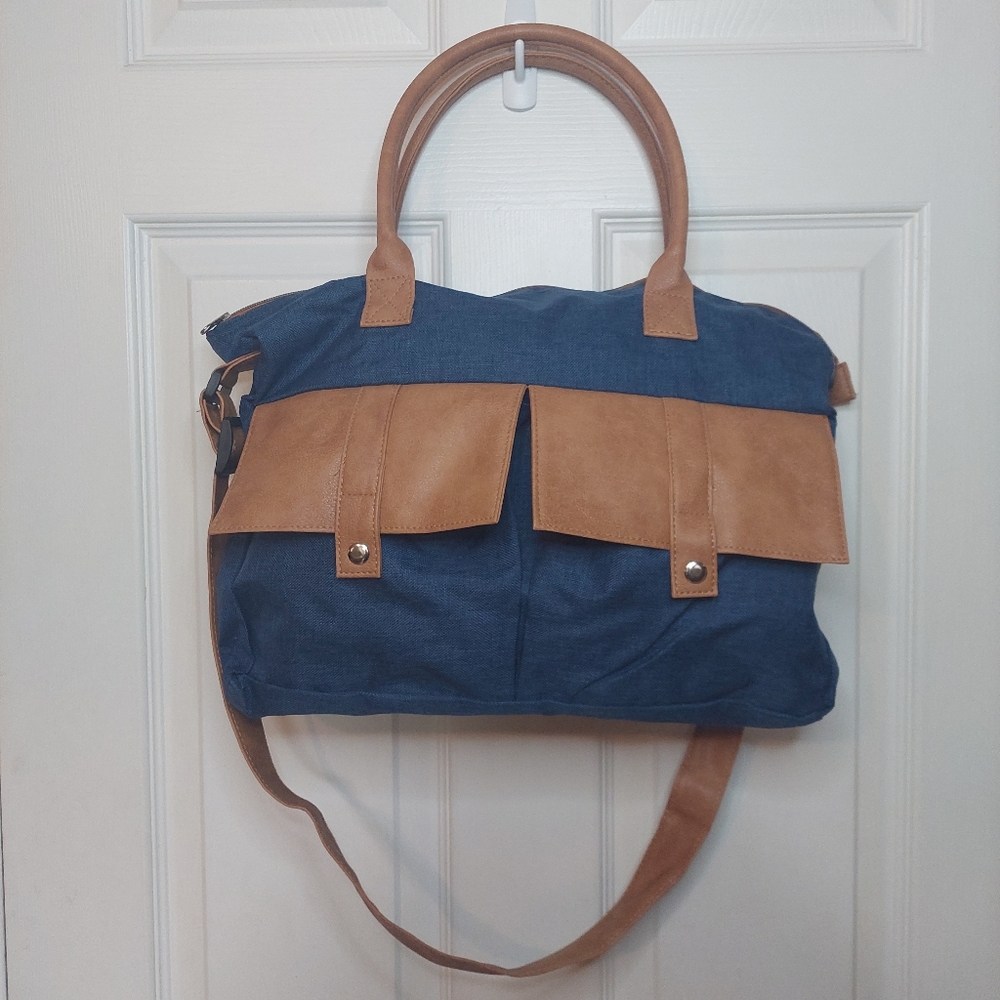 Navy Blue Canvas Brown Faux Leather Shopper Tote Bag Travel Adjustable Strap